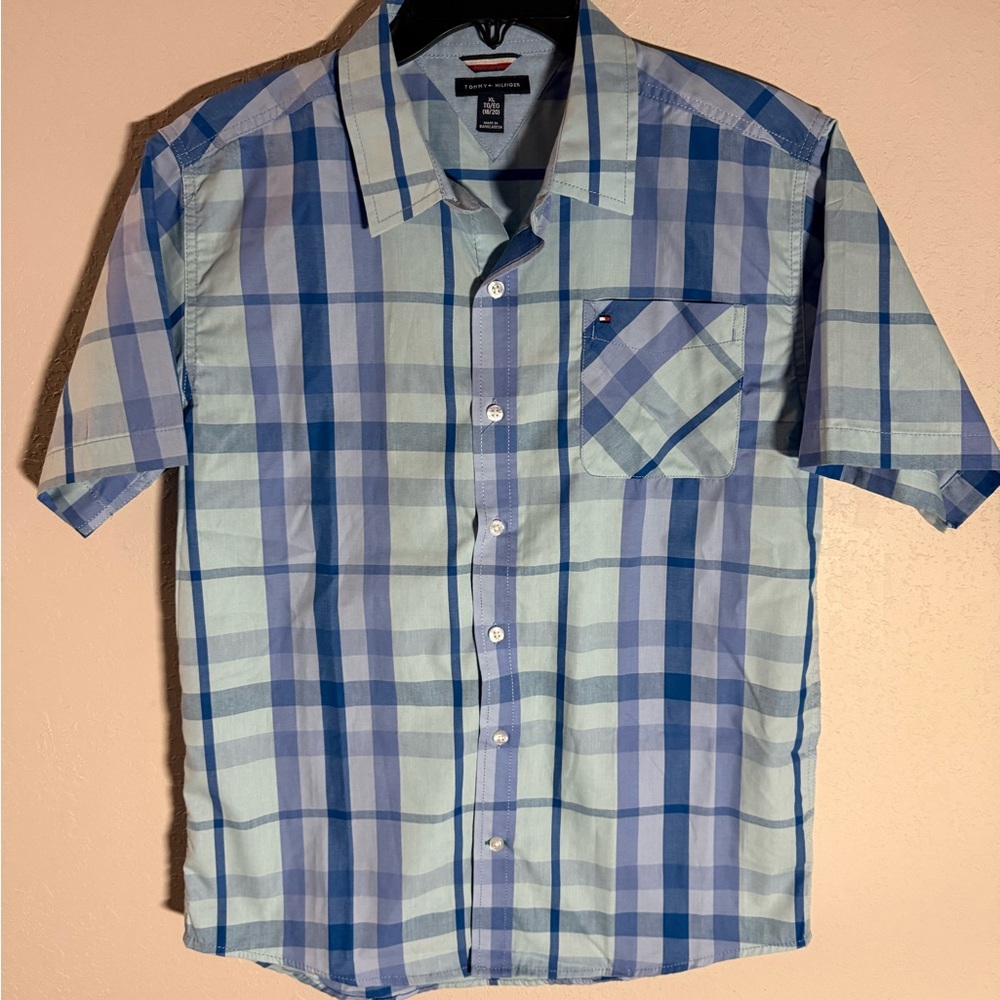 Kids XL Blue Plaid Tommy Hilfiger Preppy Staple Classic Short Sleeve Button Up